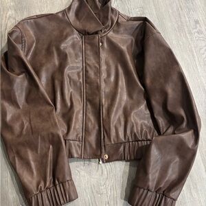 Women's Dark Brown Faux Leather Bomber Jacket